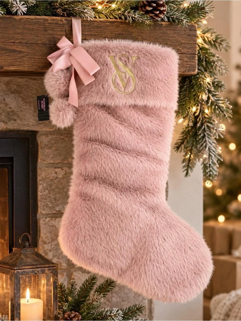 Victoria's Secret BIG Plush Faux Fur Christmas Stocking in blush pink/mauve NWT